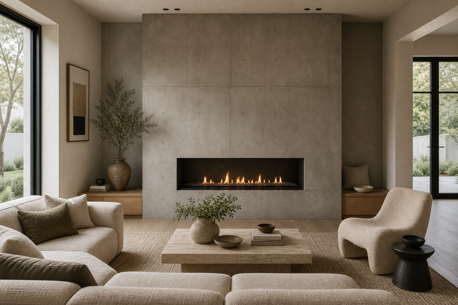 Contemporary living room with a full-height concrete fireplace wall, linear black firebox, low neutral seating, pale rounded table, timber floor, side windows, and restrained pottery