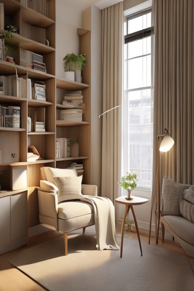 Contemporary reading nook with a pale window-side armchair, round table, slim floor lamp, full-height shelving, long curtains, books, plants, and a partial sofa