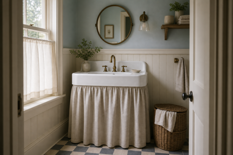 Cottage Bathroom Beadboard and Skirted Sink featuring a pale gathered fabric skirt fitted beneath a wall-mounted sink