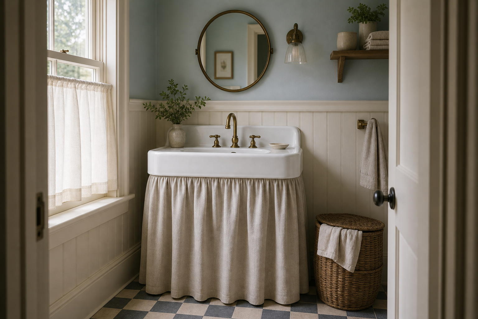 Cottage Bathroom Beadboard and Skirted Sink featuring a pale gathered fabric skirt fitted beneath a wall-mounted sink