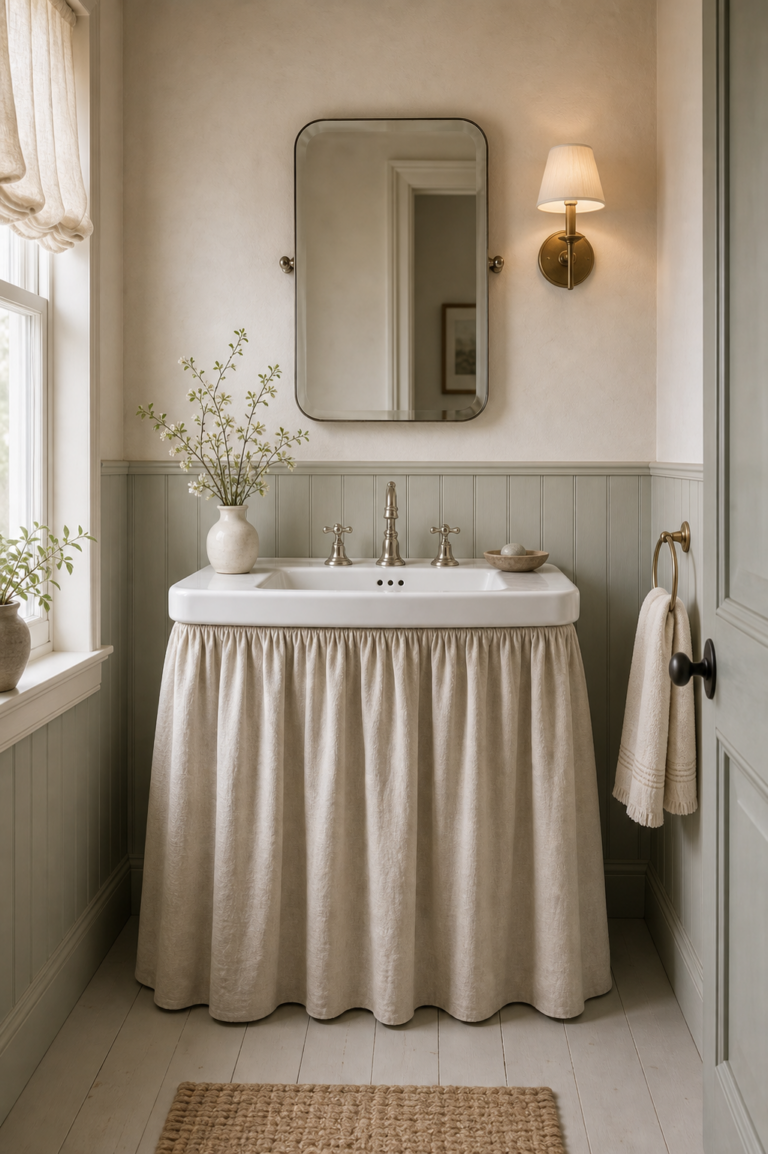 Cottage Bathroom Gathered Sink Skirt featuring a floor-length gathered cream skirt beneath a white sink