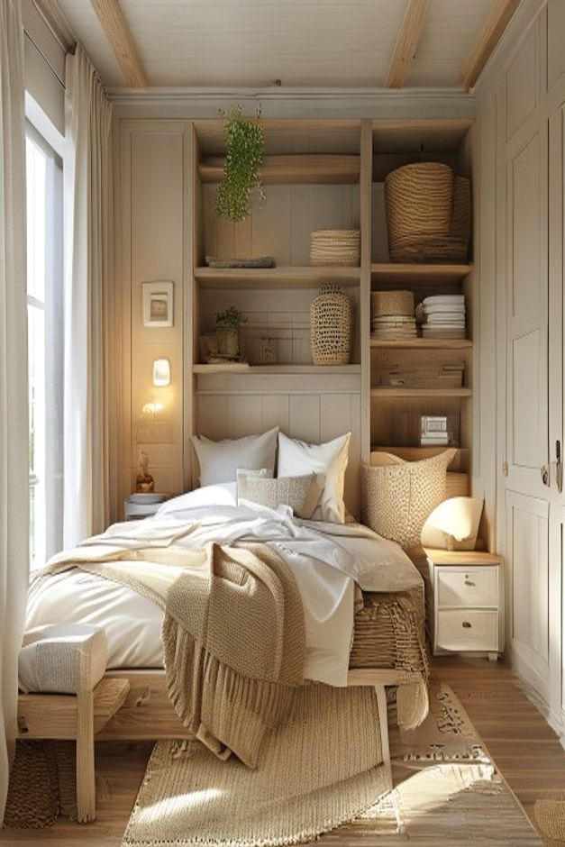 Small Cottage Bedroom Storage with Built-In Shelving