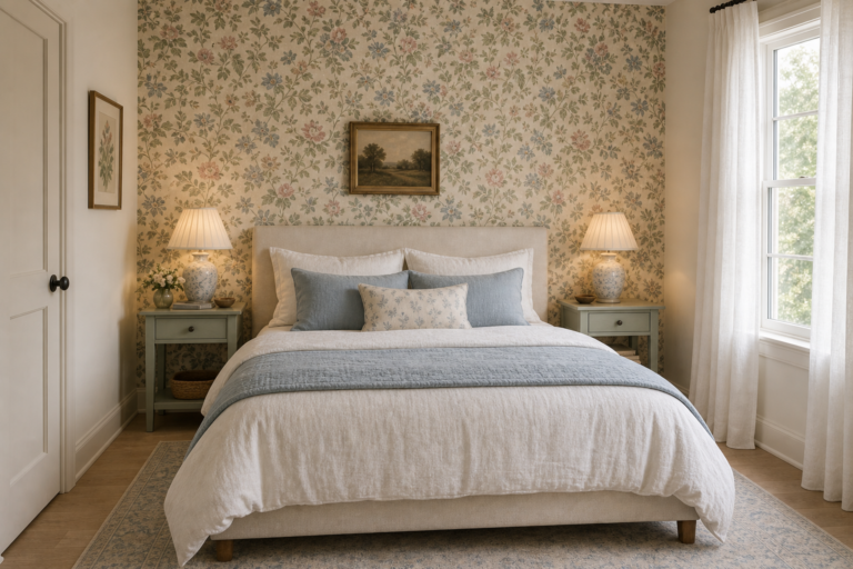 Cottage Bedroom Botanical Wallpaper featuring a full botanical wallpaper wall behind a pale upholstered bed