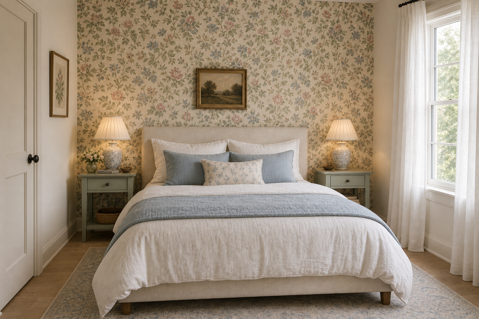Cottage Bedroom Botanical Wallpaper featuring a full botanical wallpaper wall behind a pale upholstered bed