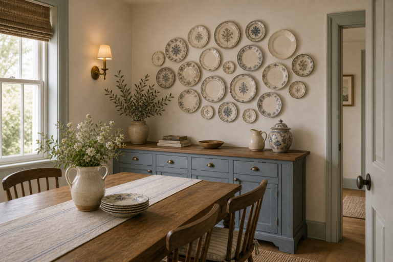 Cottage dining room with an asymmetrical blue-and-white plate wall, muted blue sideboard, timber table, spindle chairs, ceramics, flowers, shaded window, and wall sconce