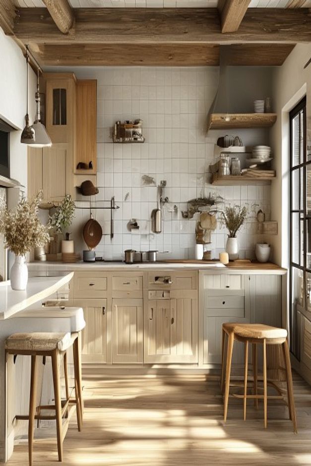 Cottage Kitchen with a Tiled Backsplash Wall