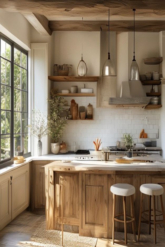 Cottage Kitchen Wood Island and Open Shelf Ideas