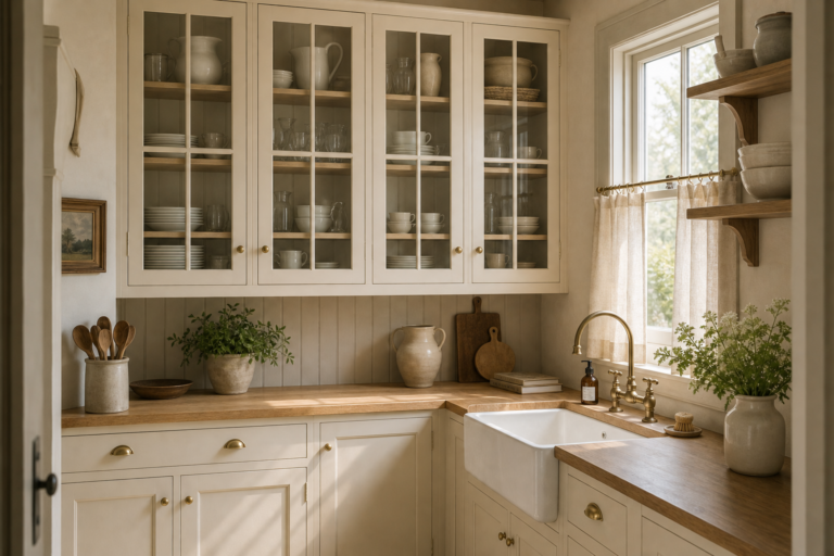 Cottage kitchen with four glass-front cabinets, pale tableware, timber-toned counters, apron sink, dark faucet, beadboard, open shelves, and garden window