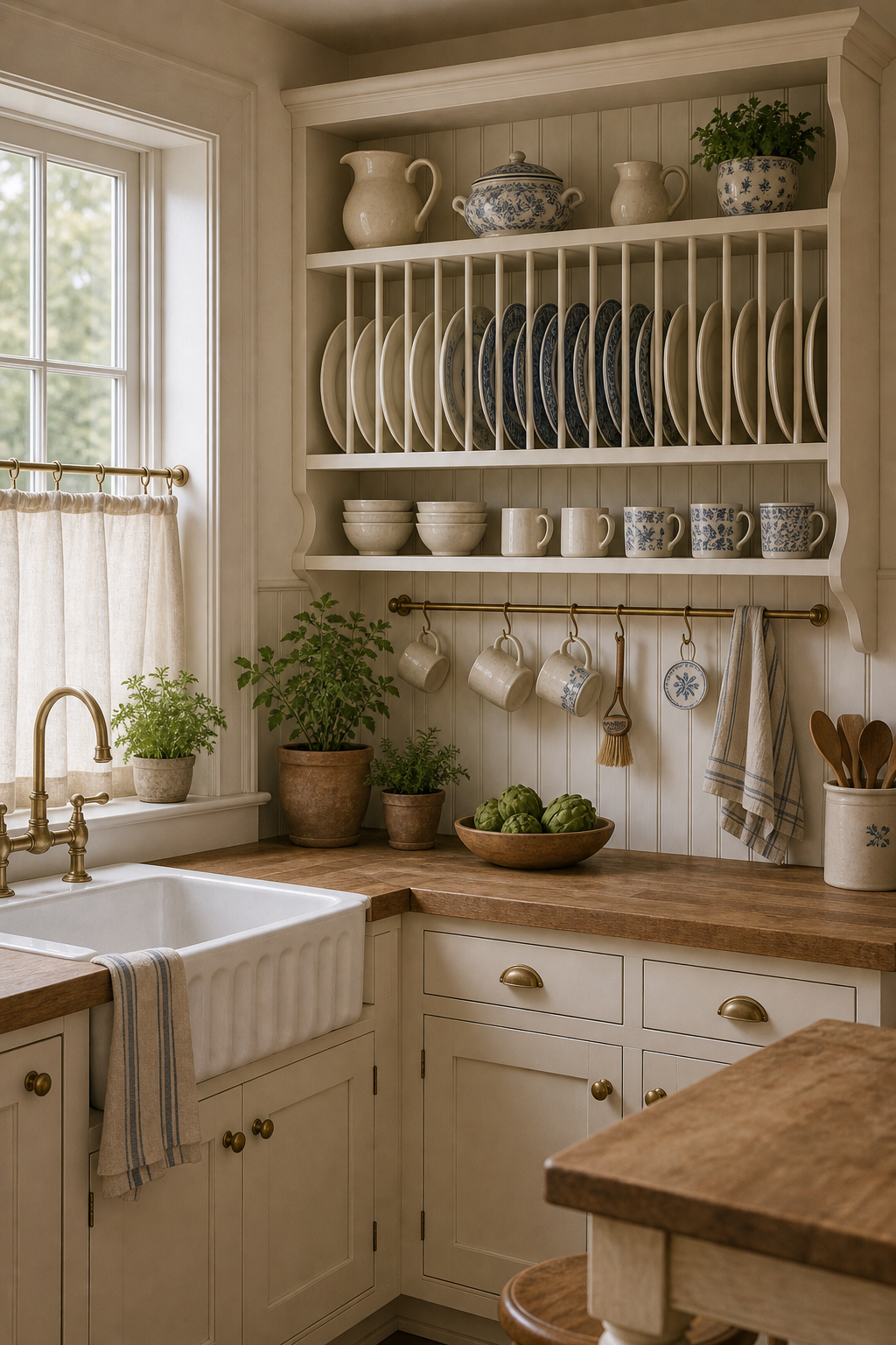 Cottage Kitchen Built-In Wall Plate Rack featuring a built-in rack displaying blue-and-white plates above the sink