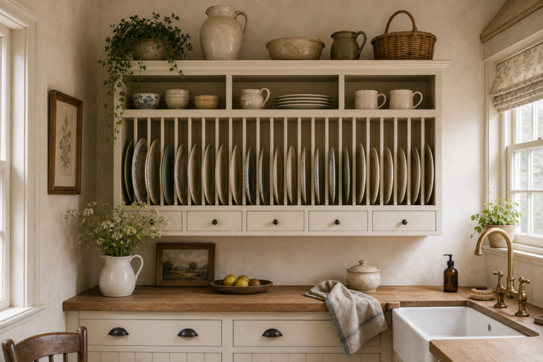 Cottage kitchen with a full-width pale plate rack, vertical dividers, mixed plates, upper bowl and mug cubbies, four small drawers, pottery and baskets above, timber counter, apron sink, and floral shade