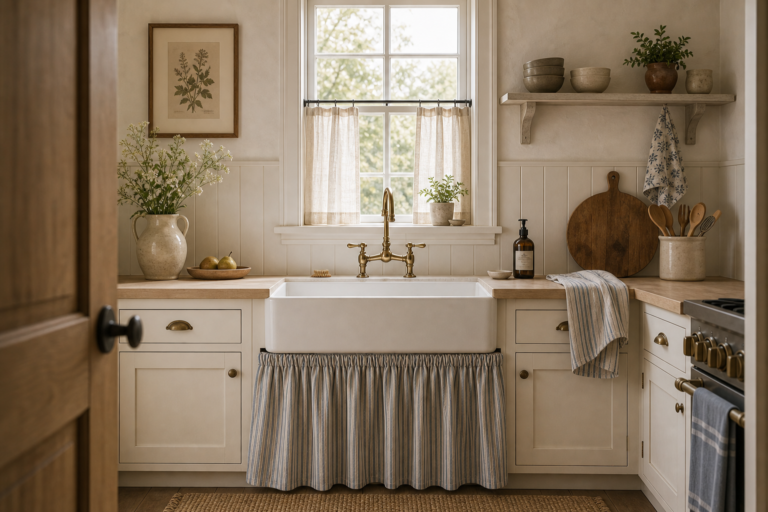 Cottage Kitchen Gathered Sink Skirt featuring a gathered pale fabric skirt fitted beneath a white apron sink