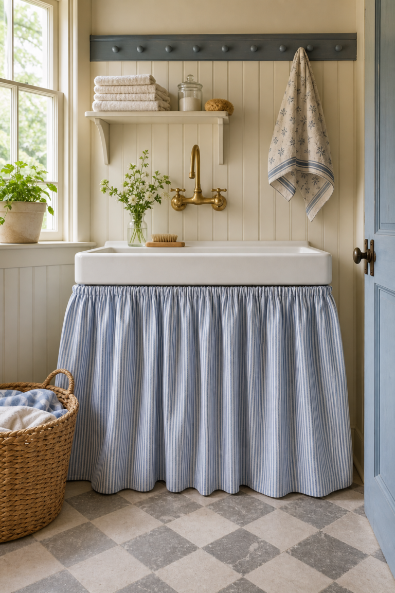 Cottage Laundry Room Striped Sink Skirt featuring a gathered blue-and-white striped skirt beneath a utility sink