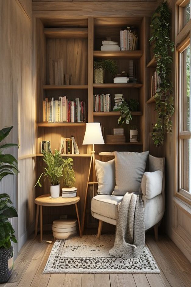 Cottage reading nook with a pale armchair, full-height wood-toned shelves, trailing window plant, smaller shelf plants, round table, floor lamp, and patterned rug