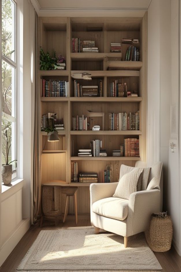 Cottage reading nook with a built-in bookcase, compact wall lamp, small wood table, pale armchair, and tall side window