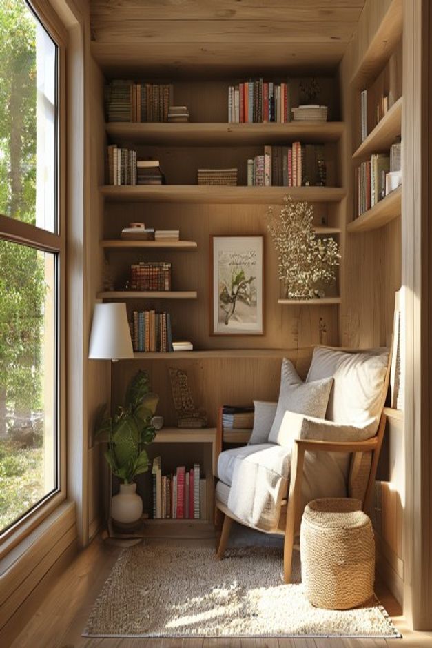 Cottage Reading Nook Wood Shelving Ideas - AI-generated interior design reference