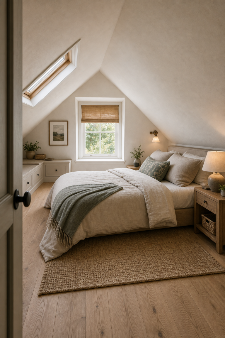 Cozy attic bedroom with a centered bed beneath sloped ceilings, roof window, end-wall window, low fitted drawers, compact nightstands, woven rug, and pale timber floor