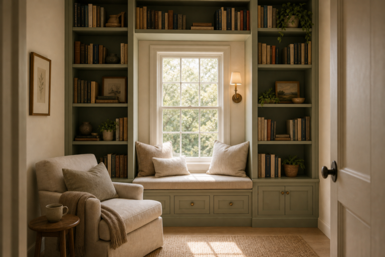Window Reading Nook Bookcase Wall featuring a cushioned window seat framed by two tall built-in bookcases