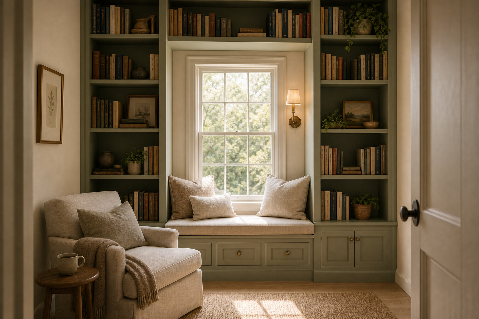 Window Reading Nook Bookcase Wall featuring a cushioned window seat framed by two tall built-in bookcases