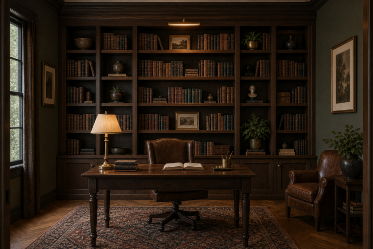 Dark Academia Home Office Bookcase Wall featuring a floor-to-ceiling dark bookcase wall behind a centered desk
