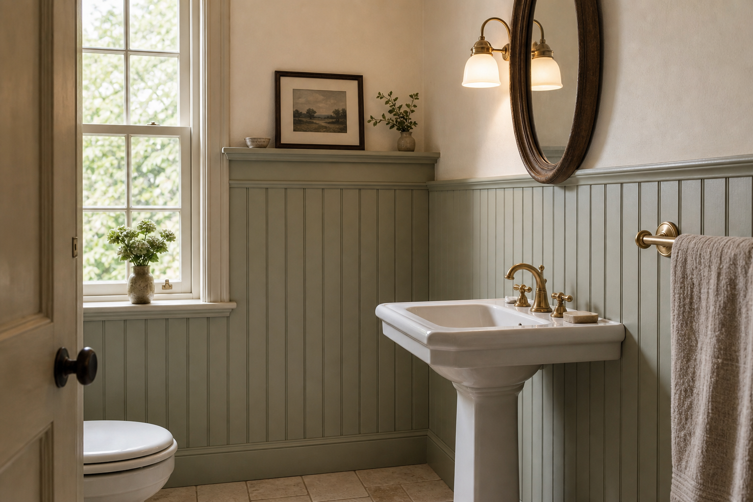 English cottage bathroom with sage half-height beadboard, white pedestal sink, brass-toned fittings, oval timber-framed mirror, double wall light, tall window, and warm square tile