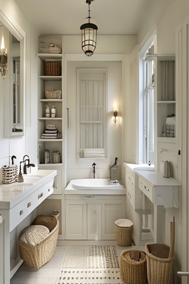 Narrow English country bathroom with open shelves, woven baskets, two slim vanity surfaces, a far-wall tub, and a black lantern