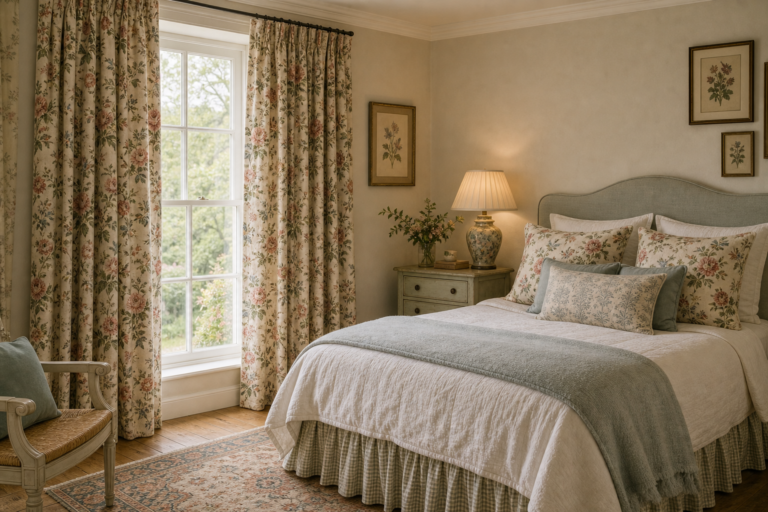 English country bedroom with full-height floral curtains, matching floral pillows, curved pale bed, checked skirt, blue throw, ceramic lamp, botanical art, and patterned rug