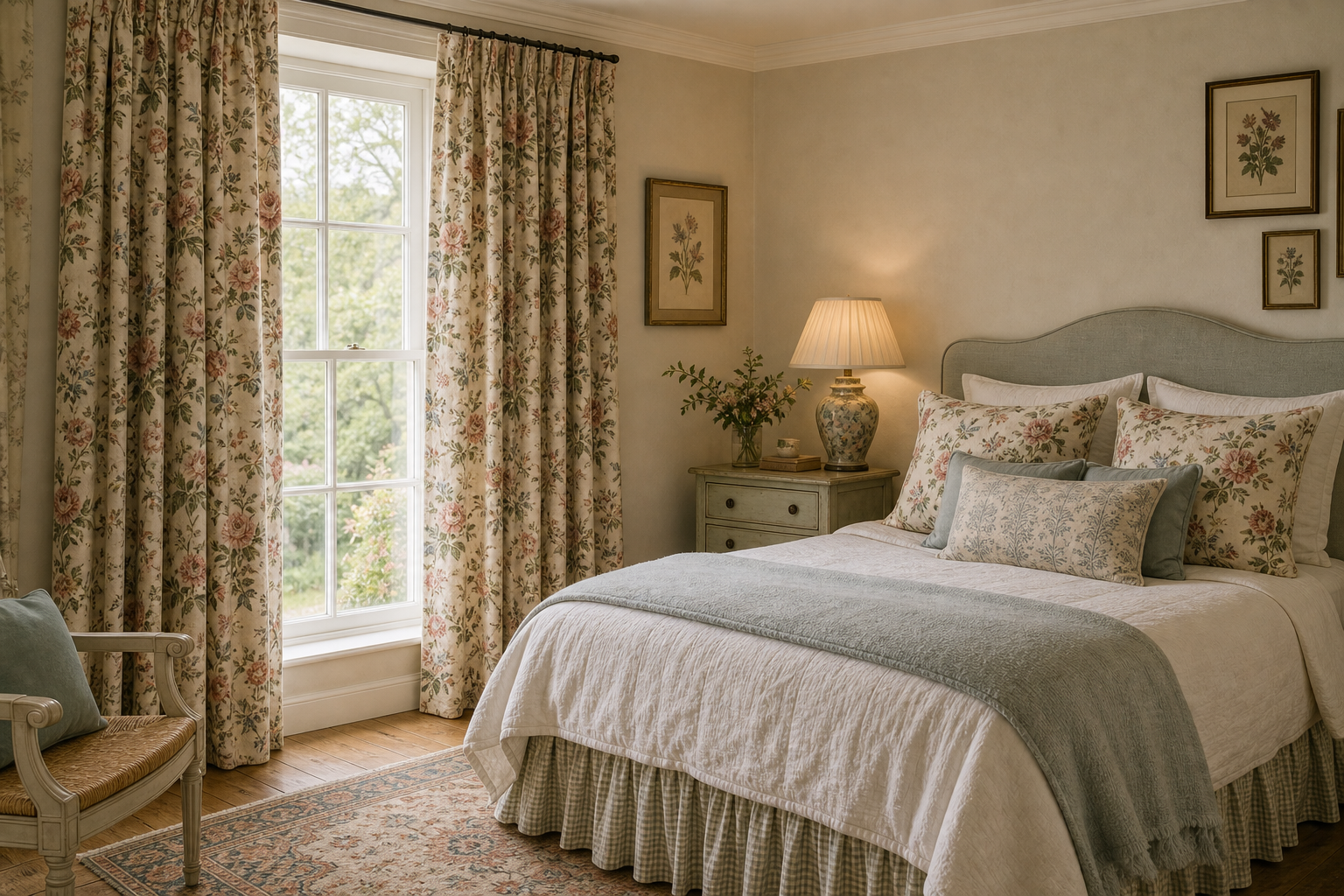 English country bedroom with full-height floral curtains, matching floral pillows, curved pale bed, checked skirt, blue throw, ceramic lamp, botanical art, and patterned rug