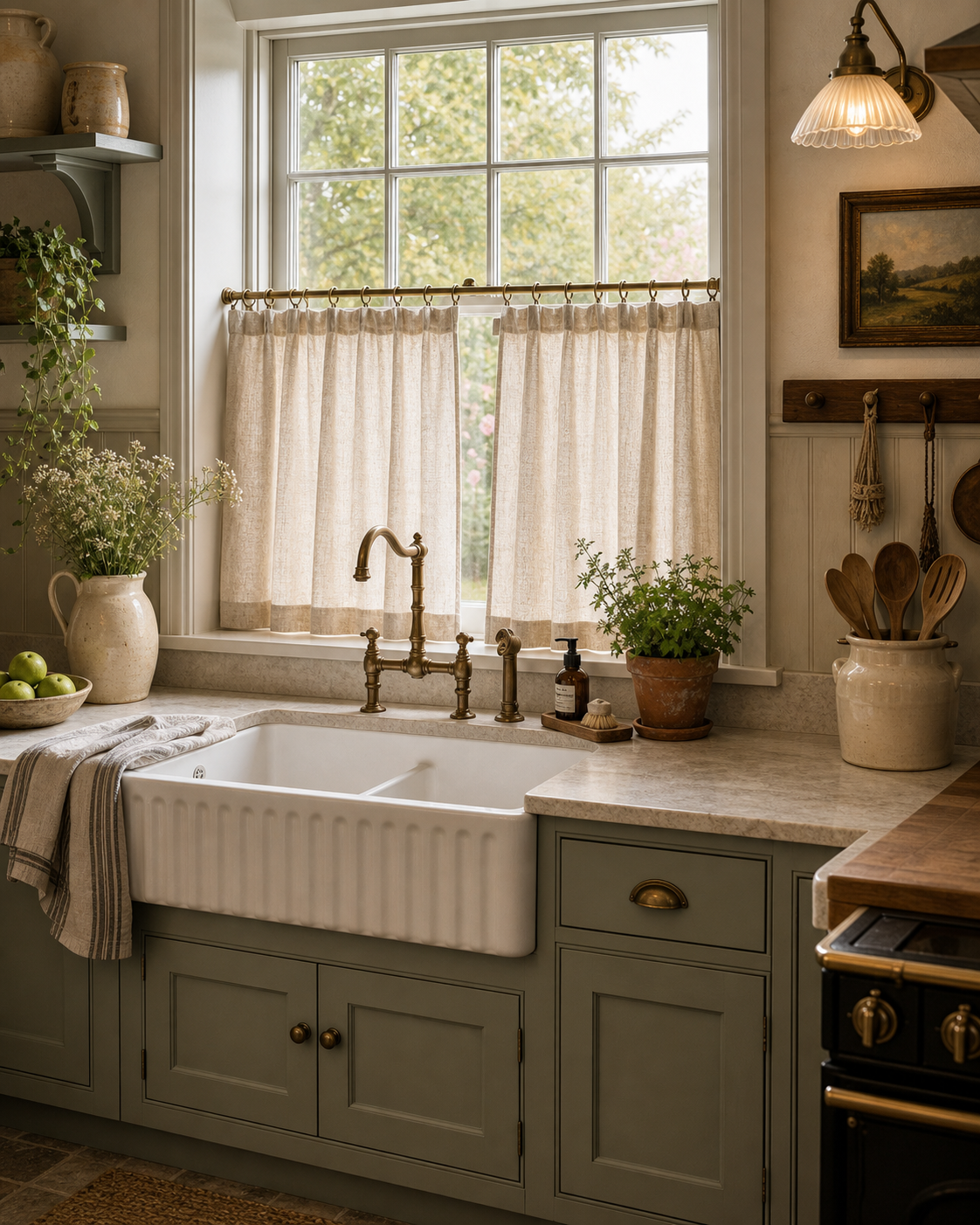 English country kitchen with a half-height cafe curtain over a white apron-front sink, muted green cabinets, warm metal fittings, open shelves, and daylight
