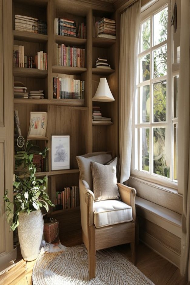 English country reading nook with a tailored armchair, built-in wood bookcase, small pendant light, and deep multi-pane window