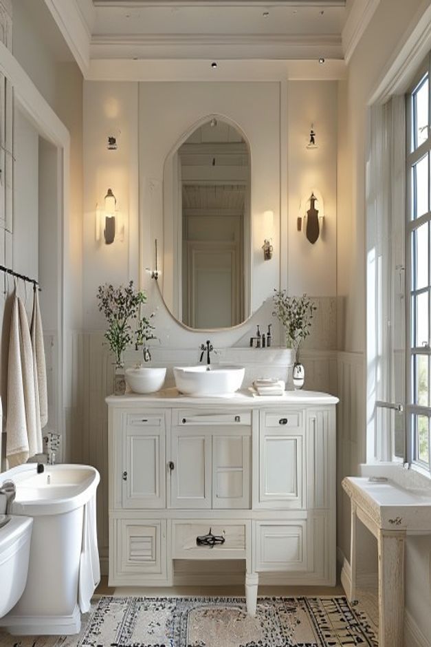 French Country bathroom with the arched mirror and white vanity composition