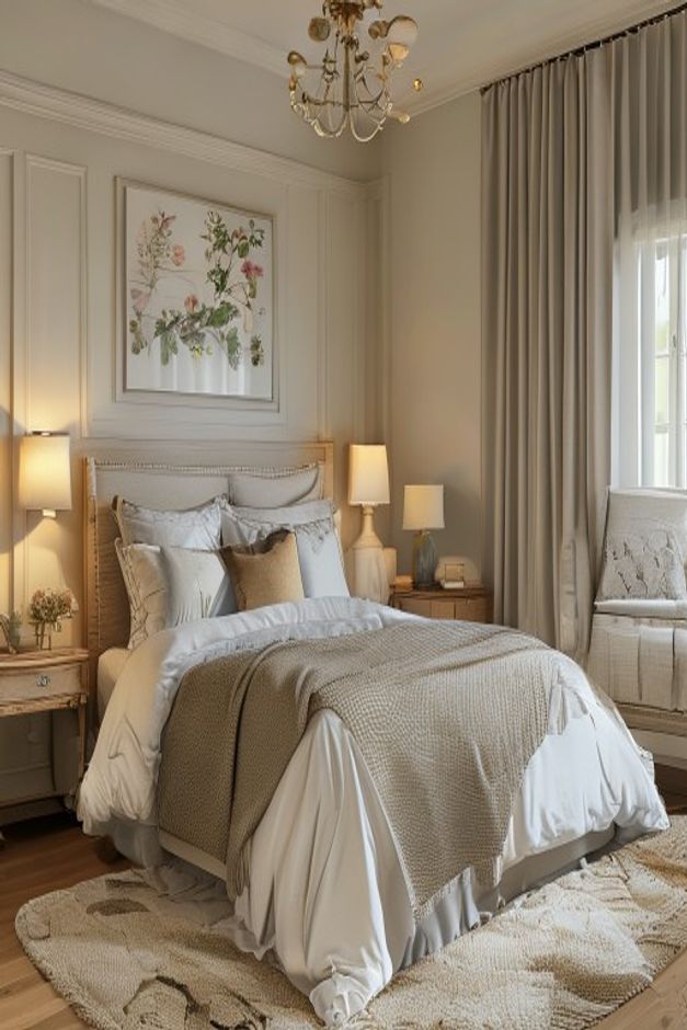 French country bedroom with botanical wall art, a pale upholstered bed, paneled walls, layered lamps, and full-height curtains