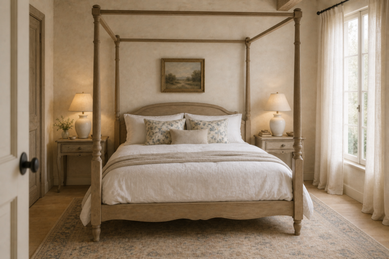 French Country Bedroom Open Canopy Bed featuring a pale open canopy frame surrounding the bed