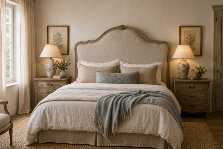 French country bedroom with a tall curved upholstered headboard, weathered trim, layered neutral bedding, blue accents, paired nightstands, ceramic lamps, and botanical art