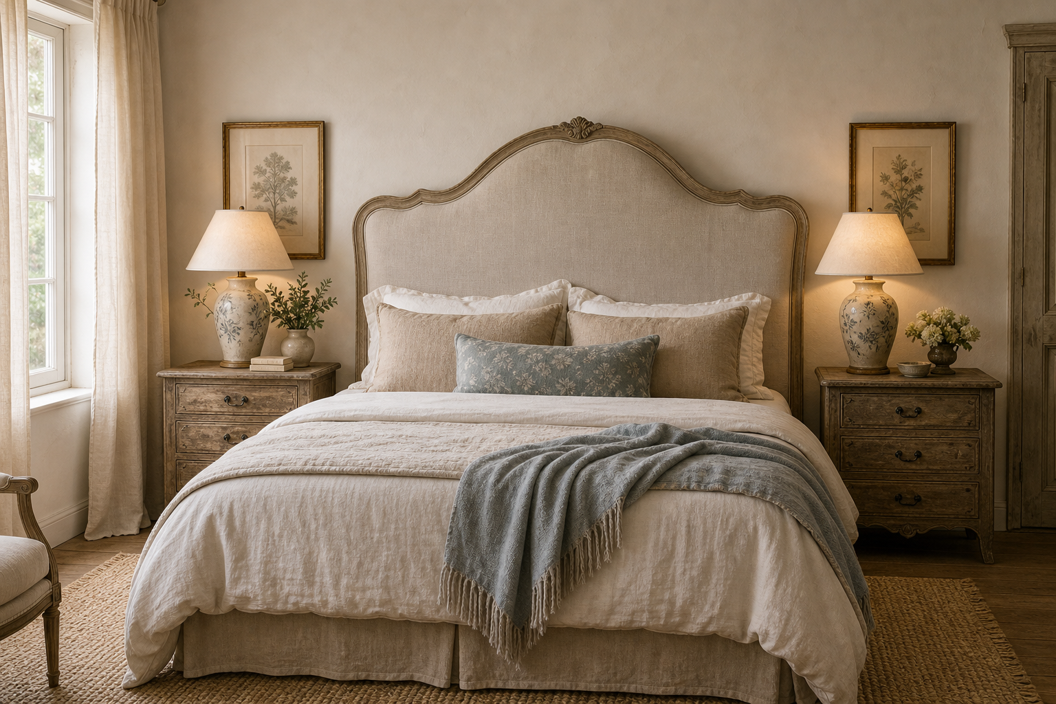 French country bedroom with a tall curved upholstered headboard, weathered trim, layered neutral bedding, blue accents, paired nightstands, ceramic lamps, and botanical art