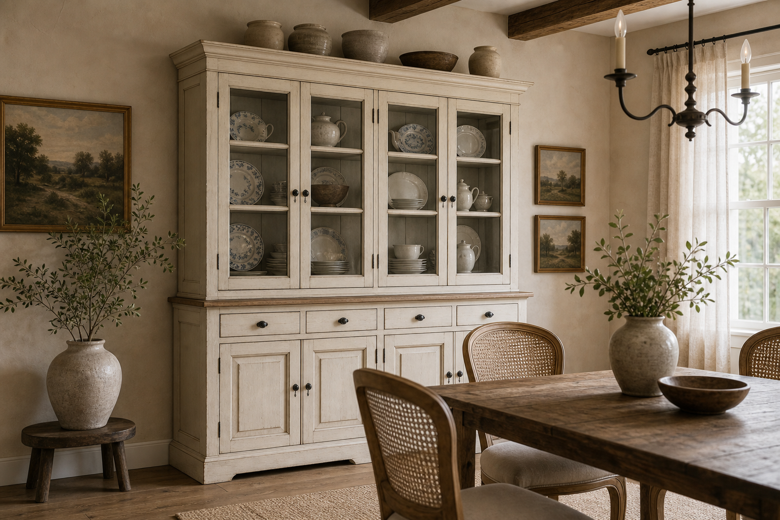 French Country Dining Room Display Hutch featuring a tall painted hutch with glazed upper doors and paneled storage below