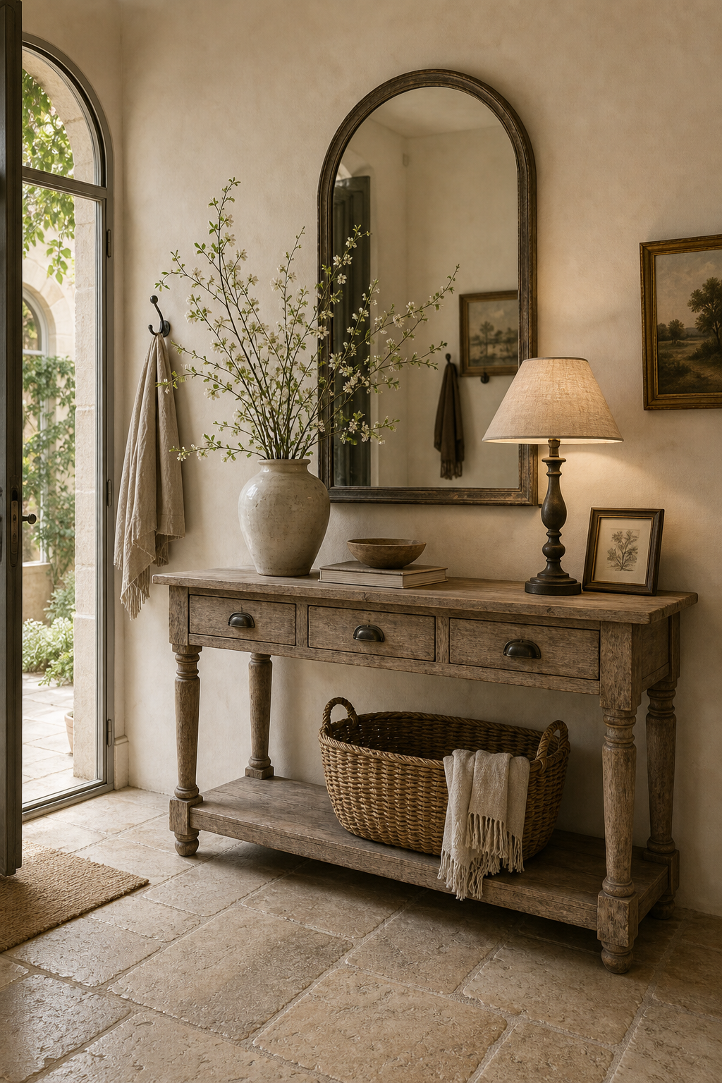 French country entryway with a weathered three-drawer console, turned legs, lower shelf, woven basket, arched mirror, shaded lamp, pottery, branches, art, and garden door
