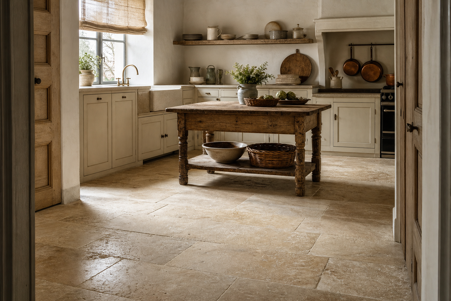 French Country Kitchen Large Pale Floor Tile featuring a broad floor of large pale tiles beneath an open prep table