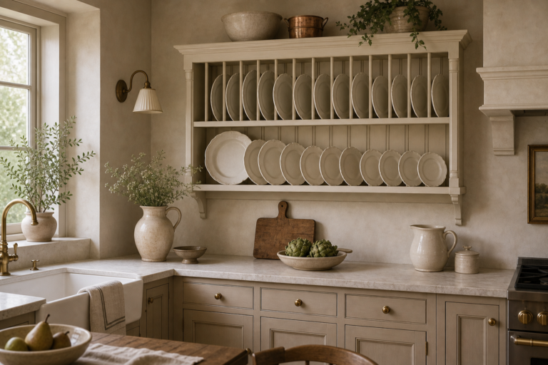 French Country Kitchen Plate Rack featuring a broad painted wall rack holding repeated rows of pale plates