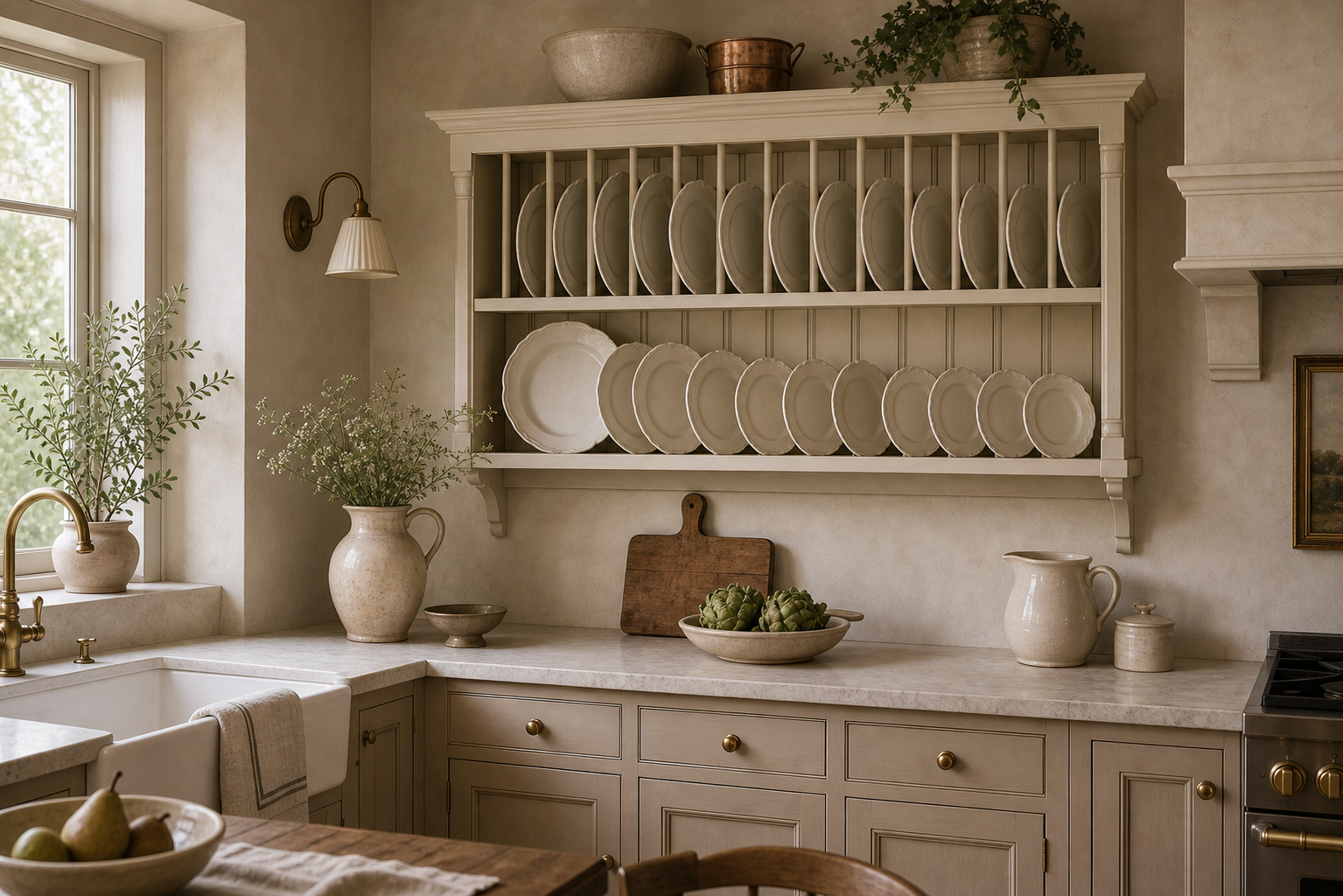 French Country Kitchen Plate Rack featuring a broad painted wall rack holding repeated rows of pale plates