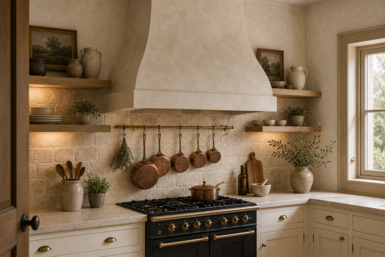 French country kitchen with a broad plaster range hood, black cooker, pale backsplash, hanging copper pans, open timber shelves, cabinetry, pottery, and side window