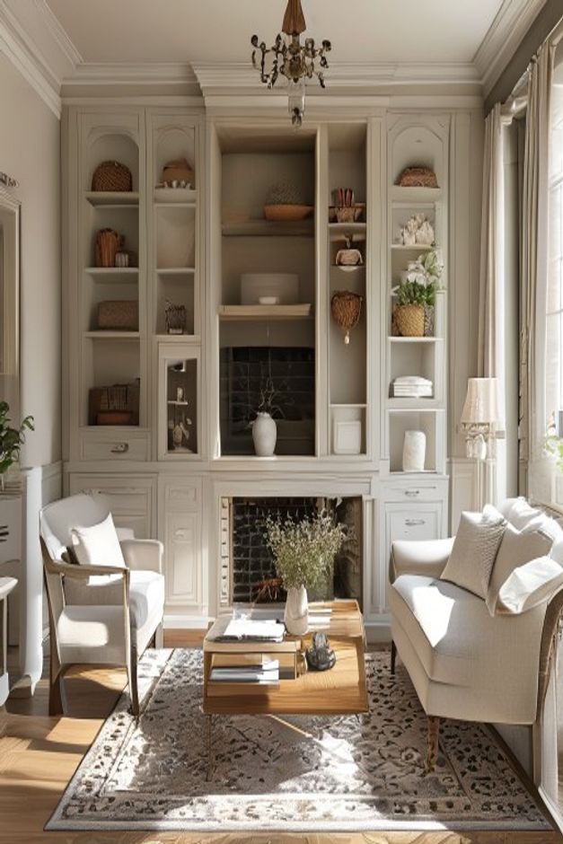 French Country Living Room with Closed Cabinet Storage