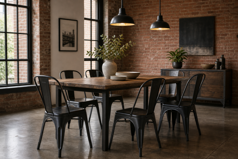 Industrial dining room with six black metal chairs around a timber table, exposed red brick, factory windows, dark dome pendants, sideboard, and concrete-toned floor
