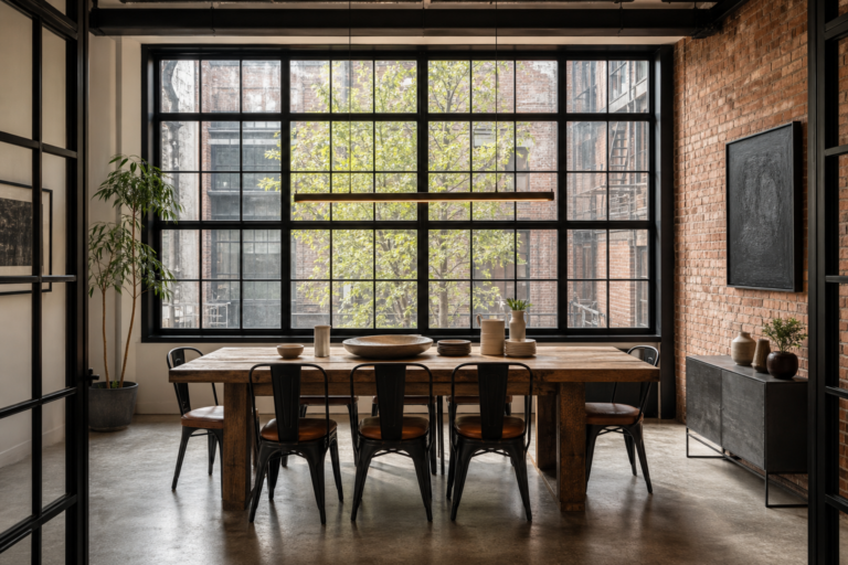 Industrial Dining Room Full-Width Window Grid featuring a full-width dark window grid behind the dining table