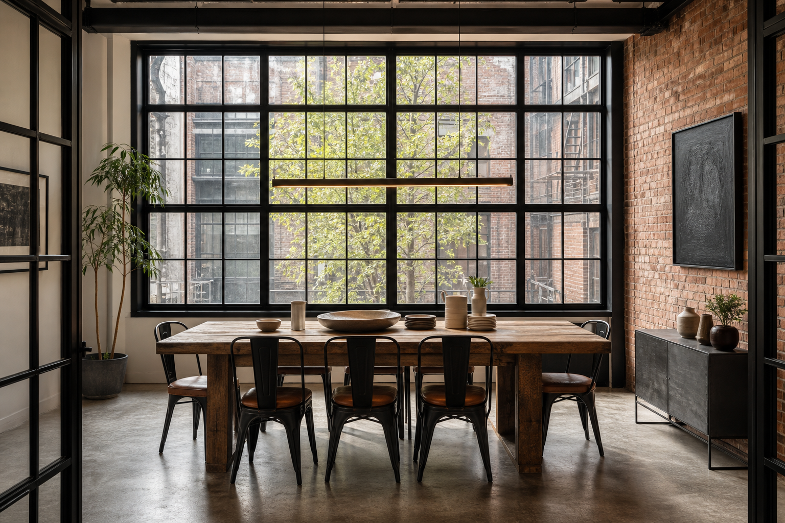 Industrial Dining Room Full-Width Window Grid featuring a full-width dark window grid behind the dining table