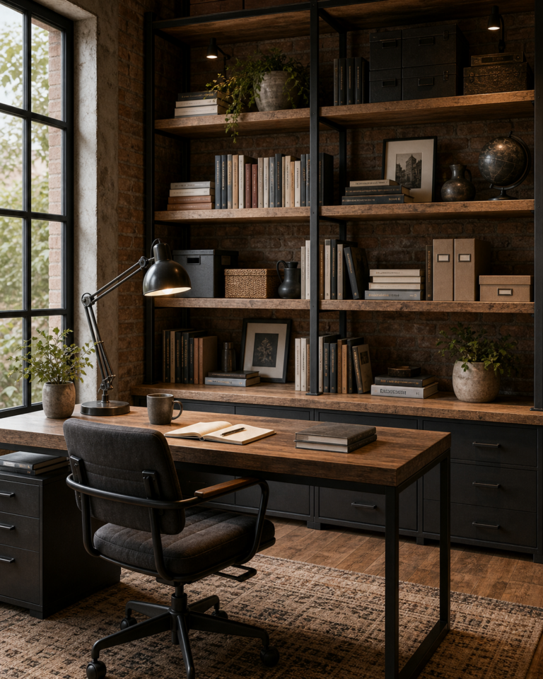 Industrial home office with full-height black steel and wood-toned open shelves, books, boxes, framed art, vessels, plants, exposed brick, and a broad desk