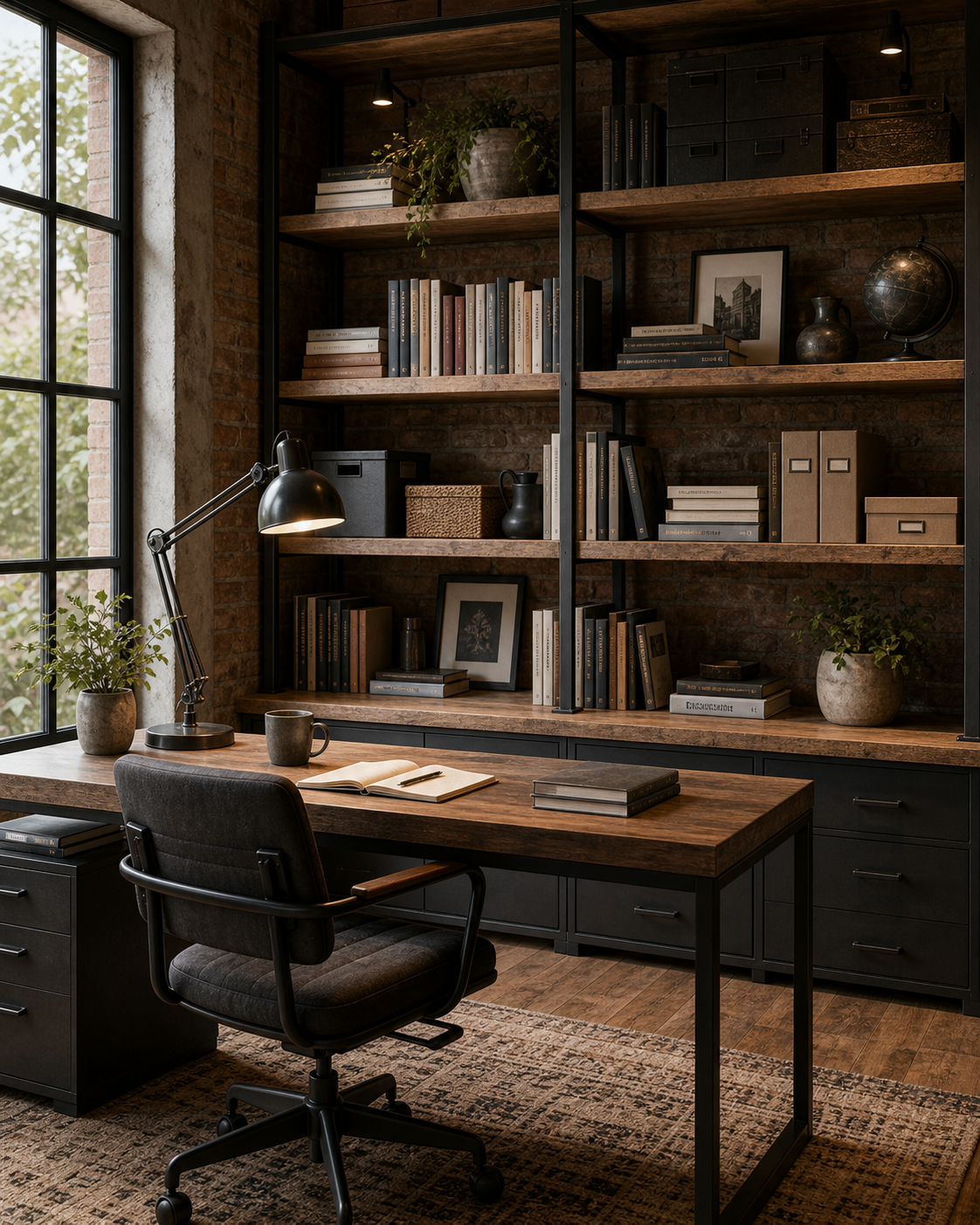 Industrial home office with full-height black steel and wood-toned open shelves, books, boxes, framed art, vessels, plants, exposed brick, and a broad desk