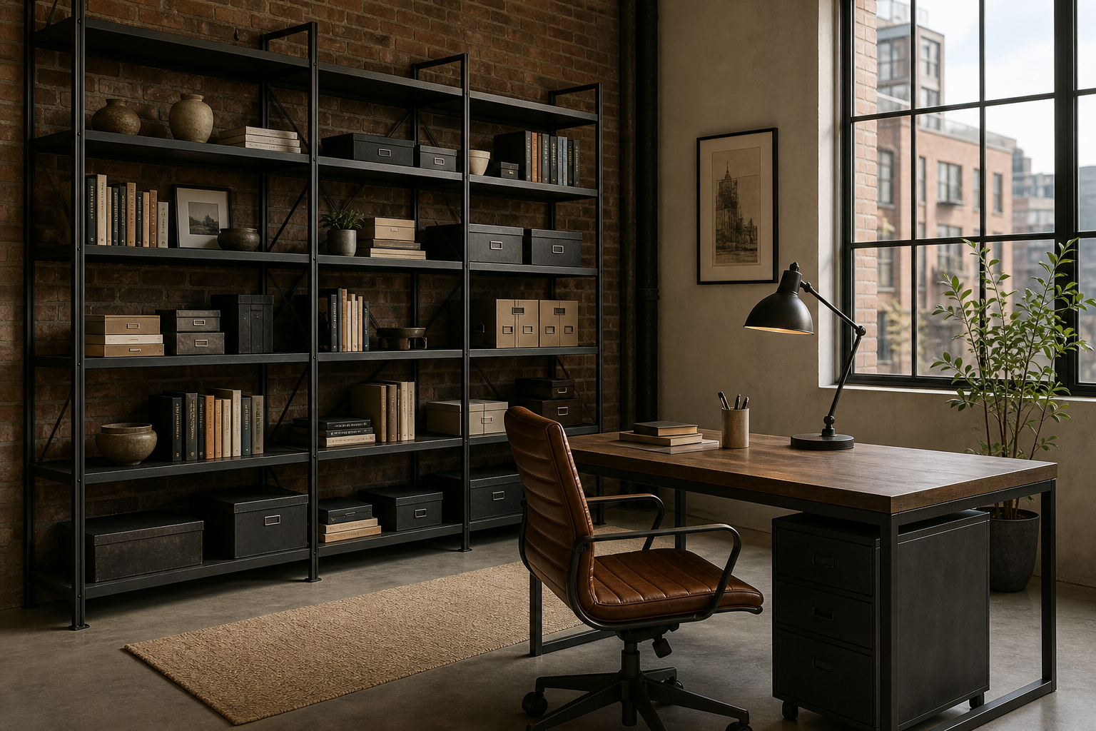 Industrial Home Office Black Metal Storage Wall featuring a full-height black metal shelving wall against exposed brick