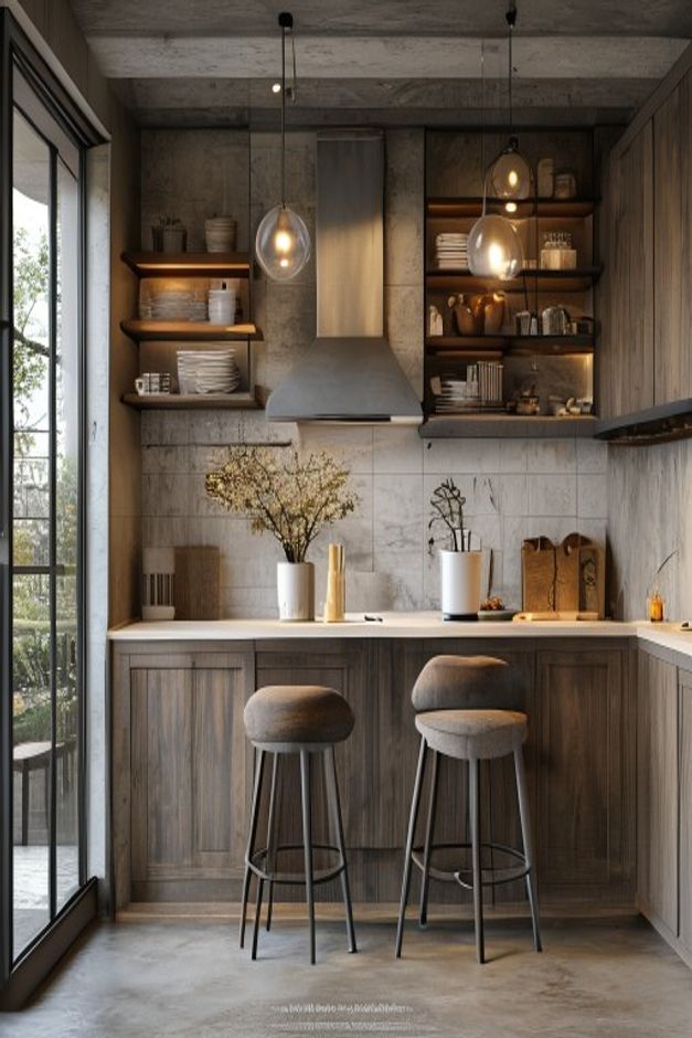 Industrial kitchen with a two-seat breakfast bar, layered glass pendants, open shelves, a centered hood, and black-framed glazing