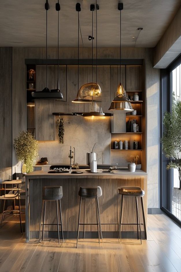 Industrial kitchen with mixed dark and glass-like pendants above a long island, three stools, warm cabinetry, open shelves, and tall glazing