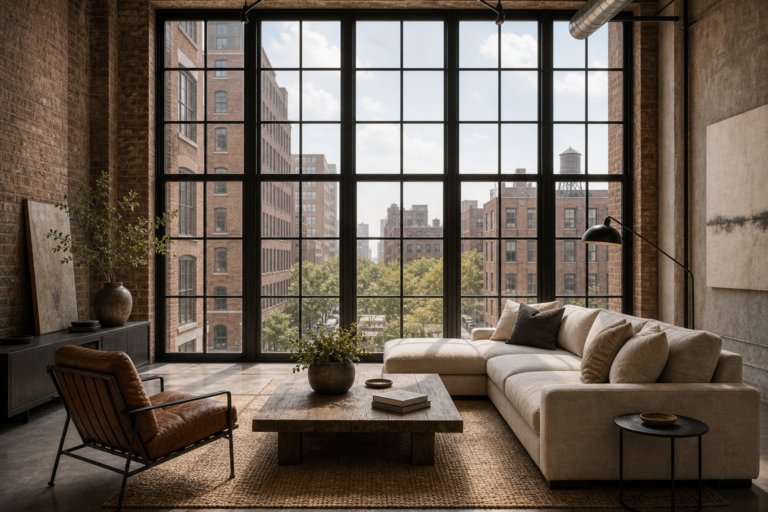 Industrial Loft Living Room Window Wall featuring a full-height black-framed window wall overlooking the city